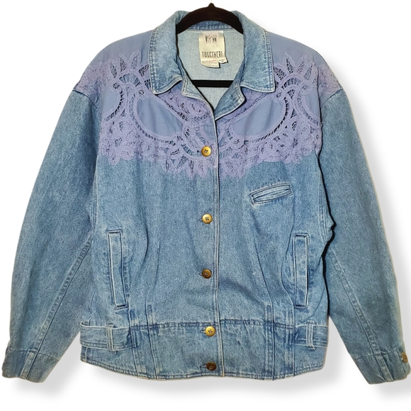 Vintage Together! Jean Jacket 80s Lace Crochet Cottagecore - Picture 2 of 10